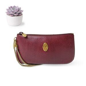 Cartier Burgundy Leather Wristlet Pouch Zip Wallet Gold Logo Chain